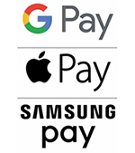 Google Pay, Apple Pay, Samsung Pay logos stacked above each other.